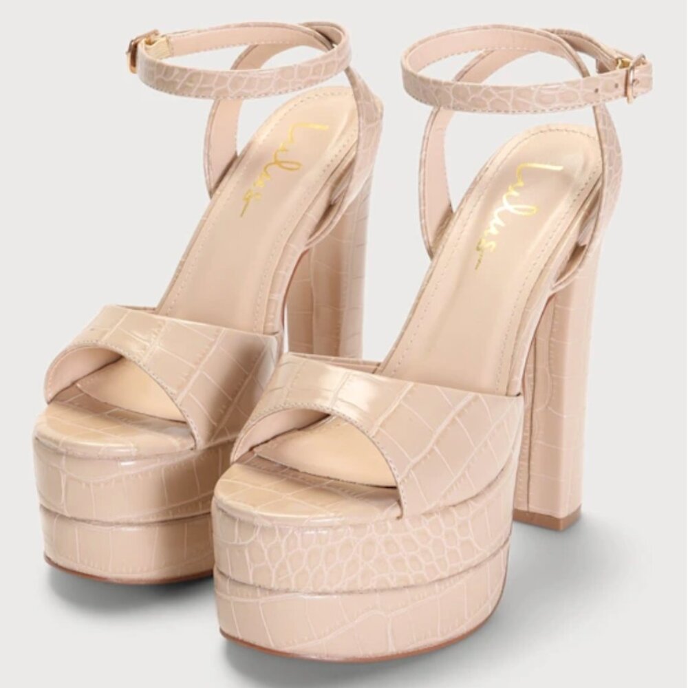 Lulus - Mirella Crocodile Embossed Platform Ankle Strap Heels (Light Nude)